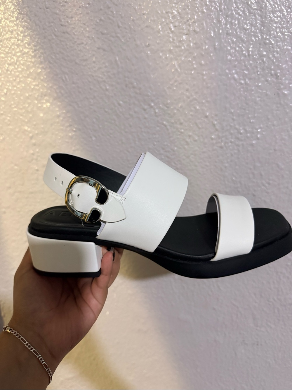 AEROSOLES White Two-Strap Block Heel Sandal with Gold Buckle Accent